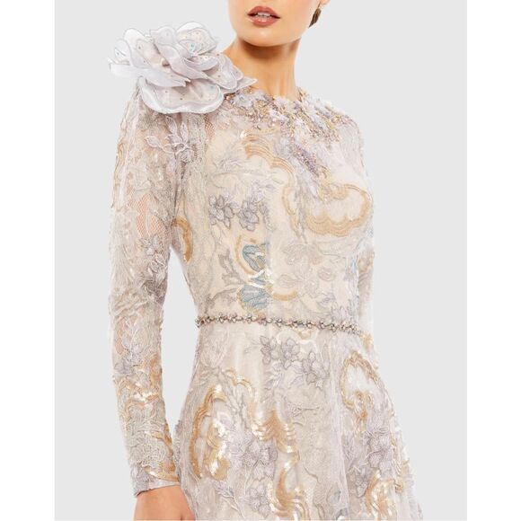 Mac Duggal Embellished Long Sleeve High Neck Rose Applique Gown - Picture 3 of 11